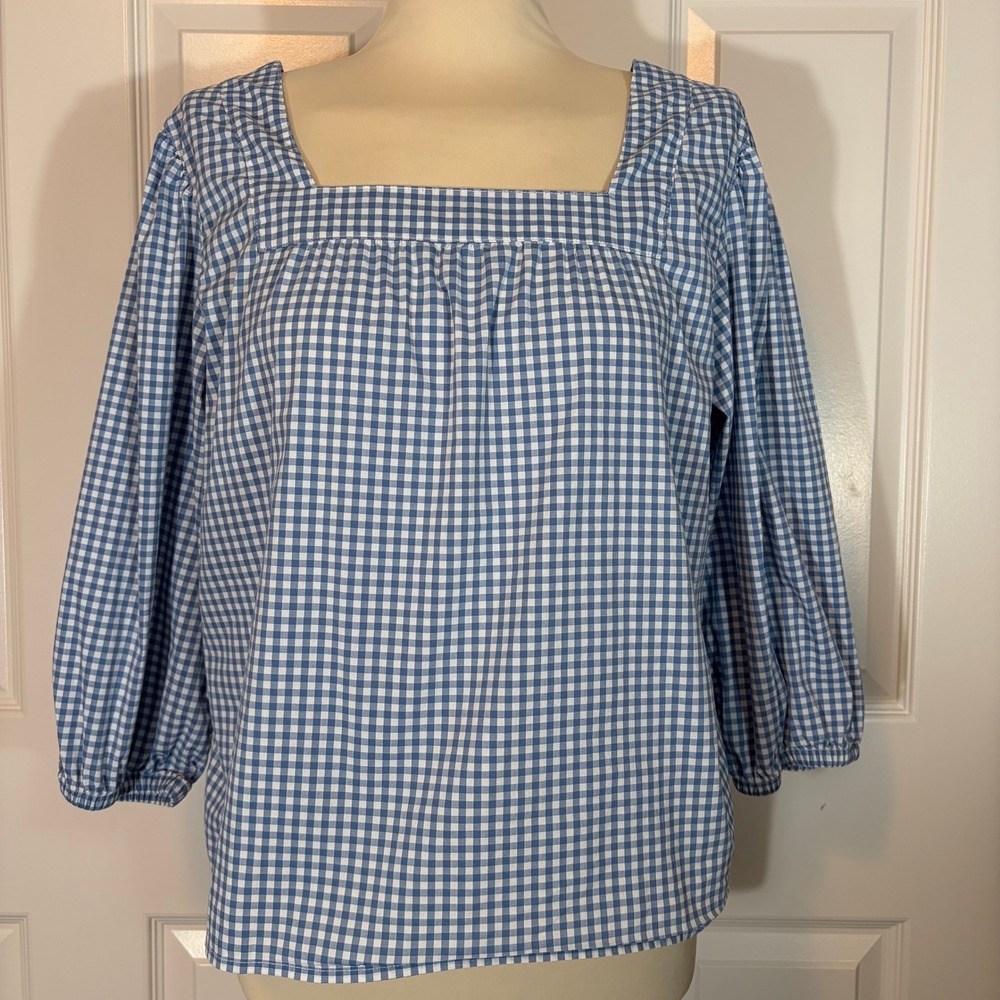 Orvis Blue Gingham Cottagecore Square Neck Puff Sleeve Blouse Womens Medium